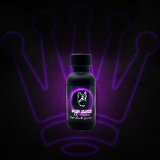 A purple bottle of pup juice poppers on a dark background with a purple crown behind it