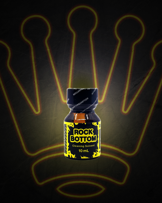 A photo of a yellow and black bottle of rock bottom poppers