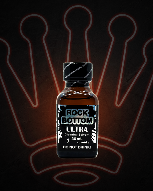 A silver and black bottle of Rock Bottom Ultra poppers