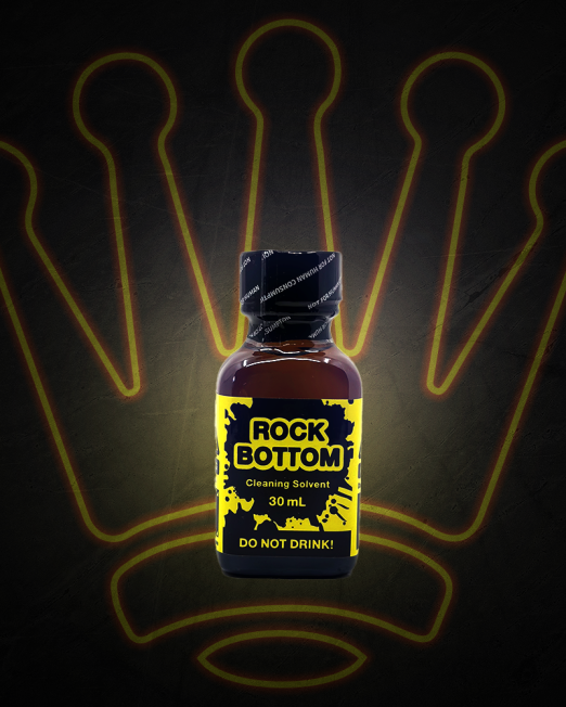 A black and yellow bottle of Rock Bottom poppers