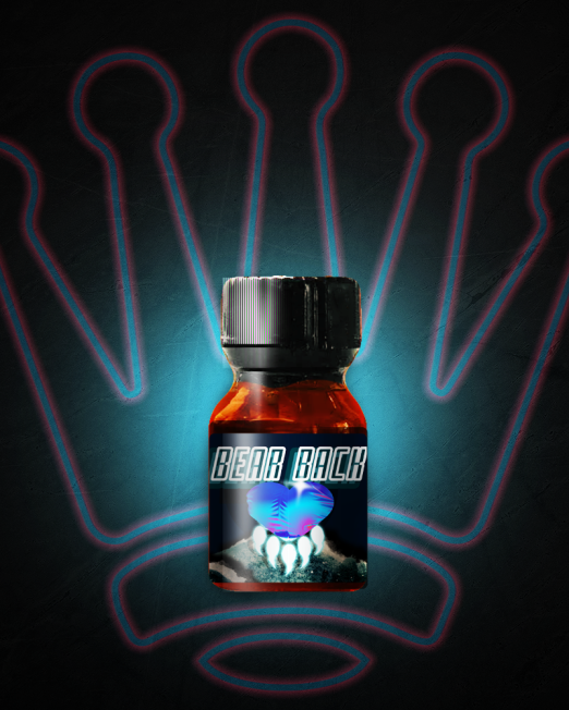 A 10ml bottle of Bear Back poppers with a blue crown background