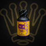 a bottle of thrust poppers with a demon face in purple with a yellow label